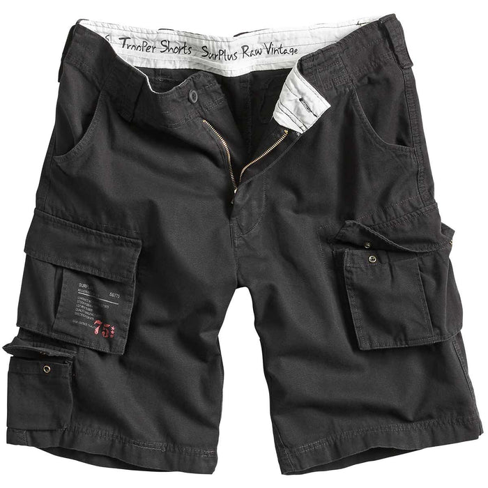 front view of surplus raw vintage black trooper shorts