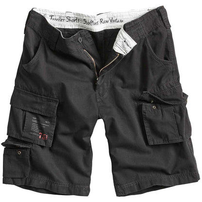 front view of surplus raw vintage black trooper shorts
