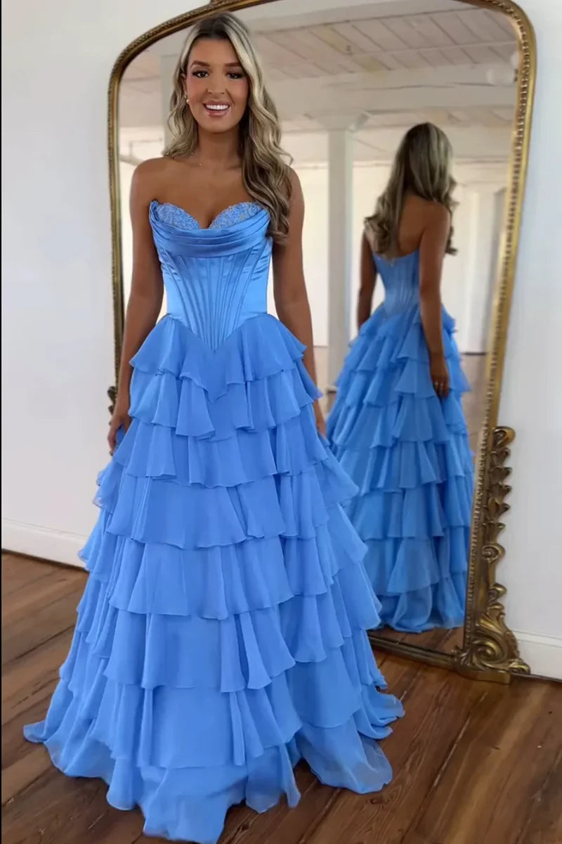 Sweet A Line Sweetheart Floral Printed Chiffon Tiered Prom Dresses with Slit