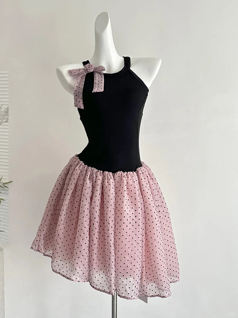 Sweet Black And Pink Polka Dot Halter Neck Chiffon Short Birthday Party Homecoming Dress