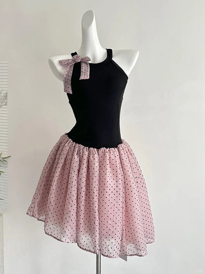 Sweet Black And Pink Polka Dot Halter Neck Chiffon Short Birthday Party Homecoming Dress