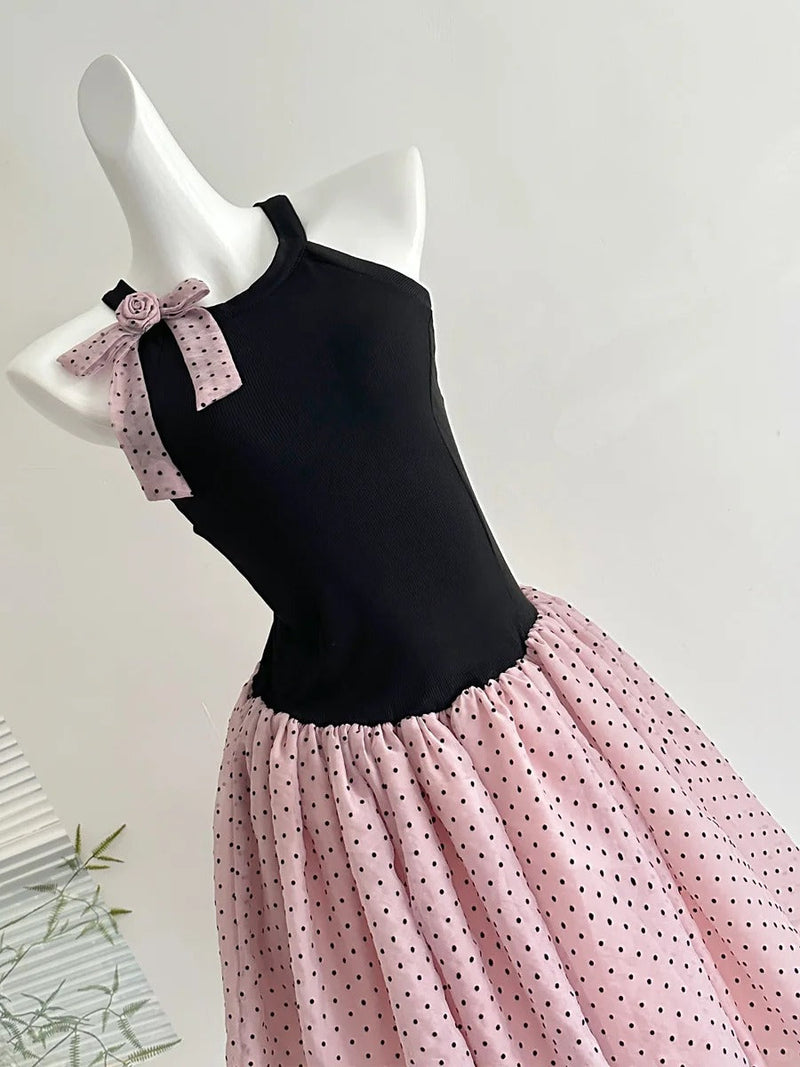 Sweet Black And Pink Polka Dot Halter Neck Chiffon Short Birthday Party Homecoming Dress
