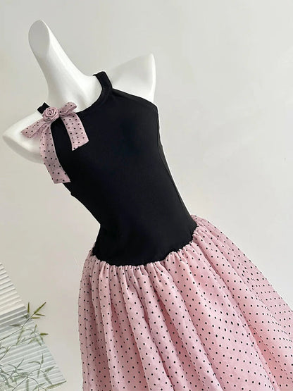 Sweet Black And Pink Polka Dot Halter Neck Chiffon Short Birthday Party Homecoming Dress