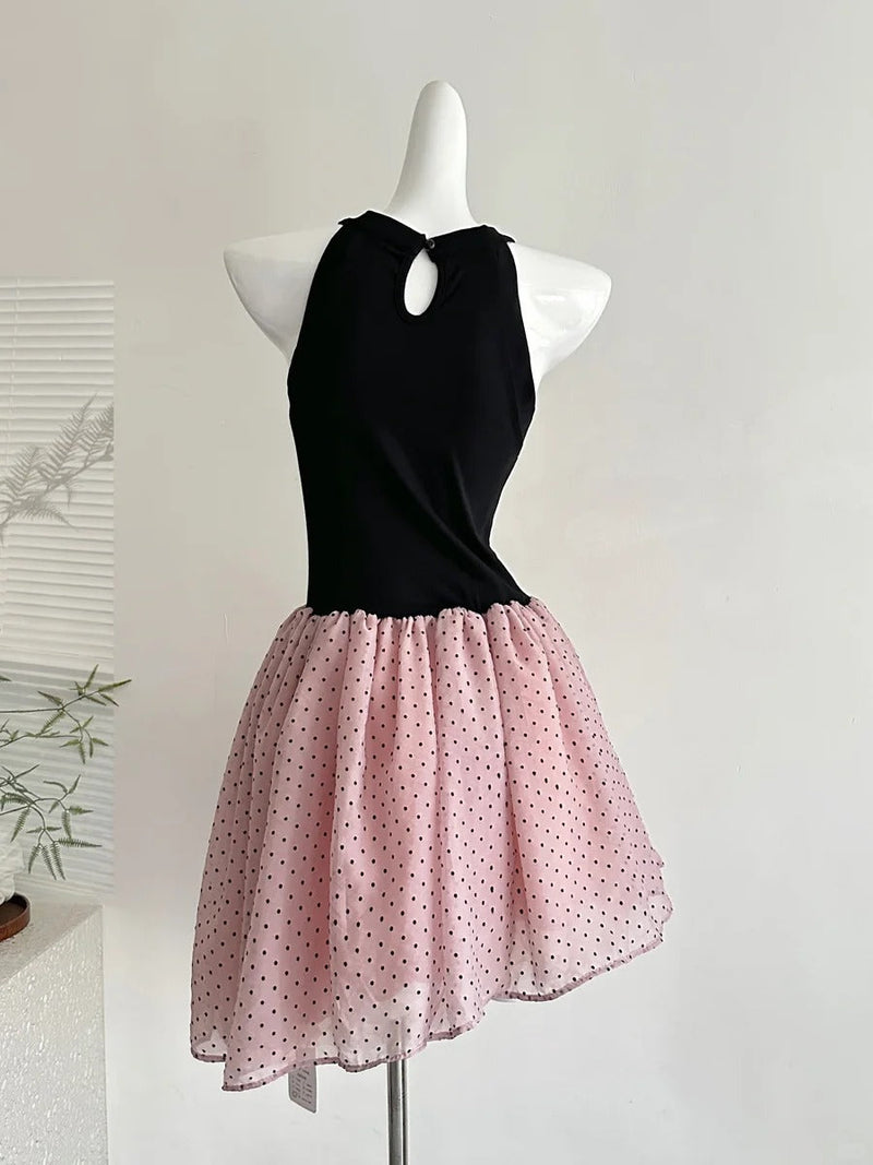 Sweet Black And Pink Polka Dot Halter Neck Chiffon Short Birthday Party Homecoming Dress