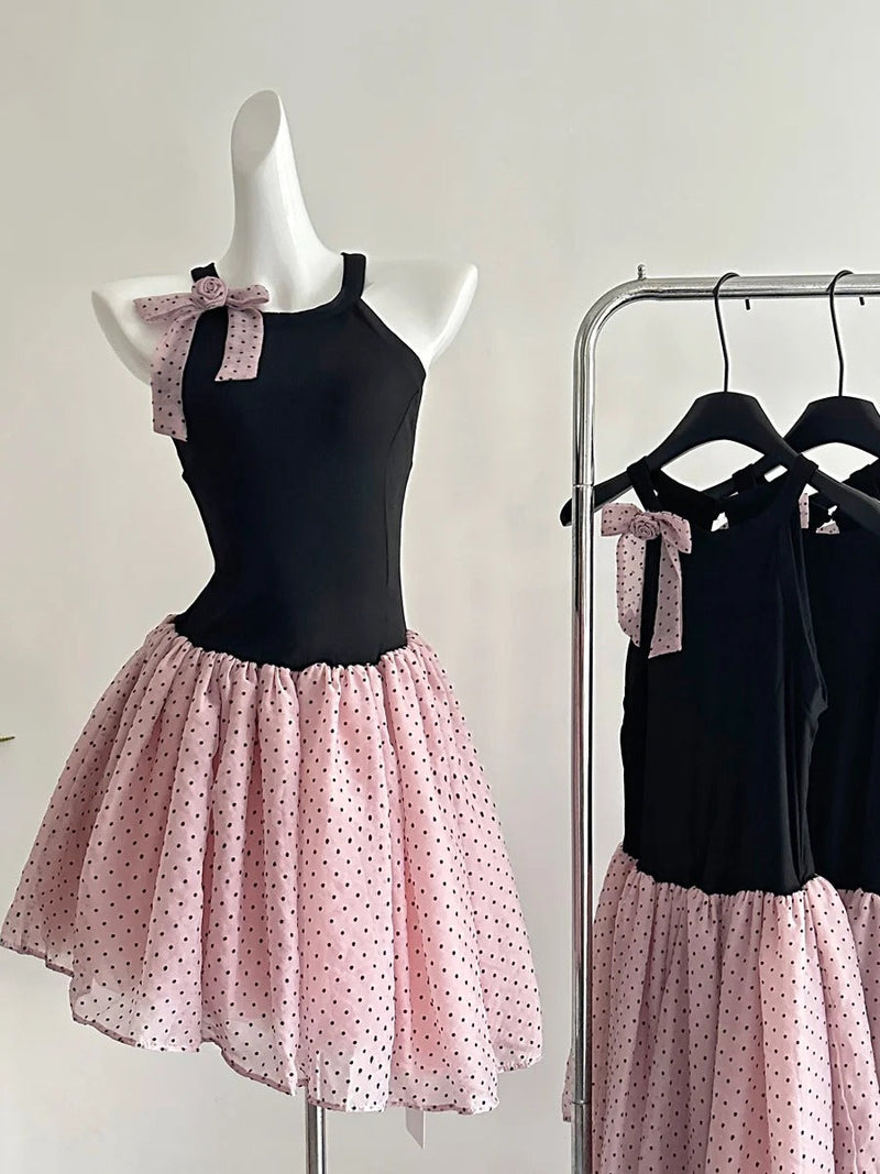 Sweet Black And Pink Polka Dot Halter Neck Chiffon Short Birthday Party Homecoming Dress