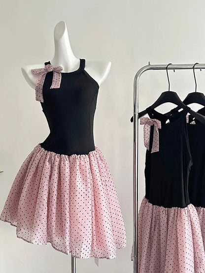 Sweet Black And Pink Polka Dot Halter Neck Chiffon Short Birthday Party Homecoming Dress