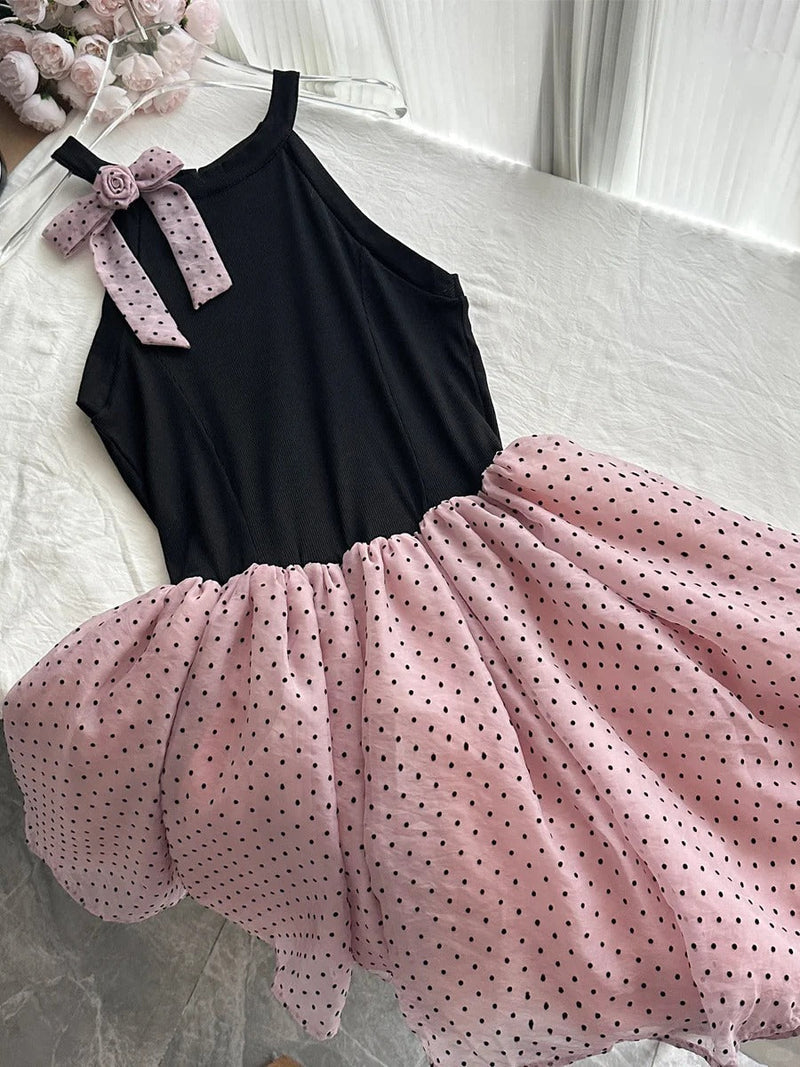 Sweet Black And Pink Polka Dot Halter Neck Chiffon Short Birthday Party Homecoming Dress