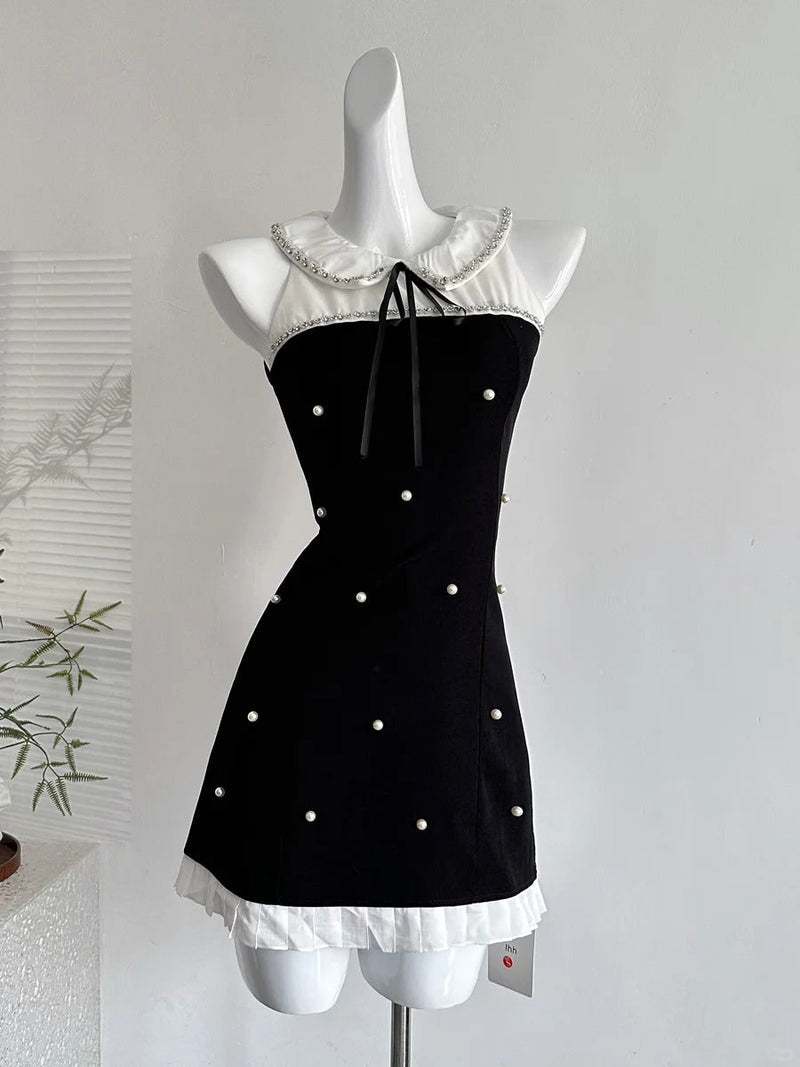 Sweet Black Baby Doll Collar Pearl Satin A-line 17th Birthday Homecoming Dress