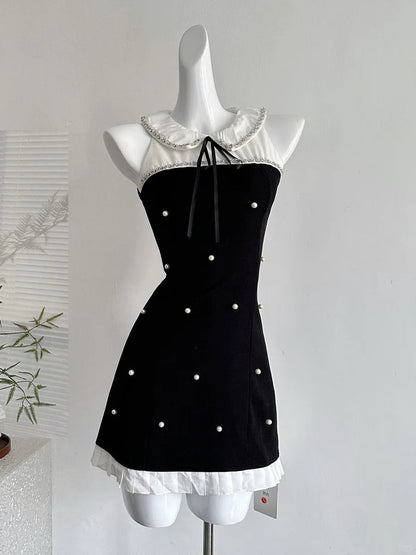 Sweet Black Baby Doll Collar Pearl Satin A-line 17th Birthday Homecoming Dress
