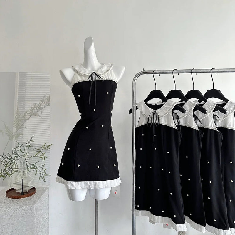 Sweet Black Baby Doll Collar Pearl Satin A-line 17th Birthday Homecoming Dress