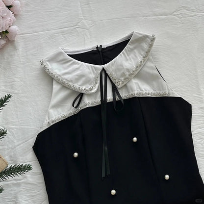 Sweet Black Baby Doll Collar Pearl Satin A-line 17th Birthday Homecoming Dress