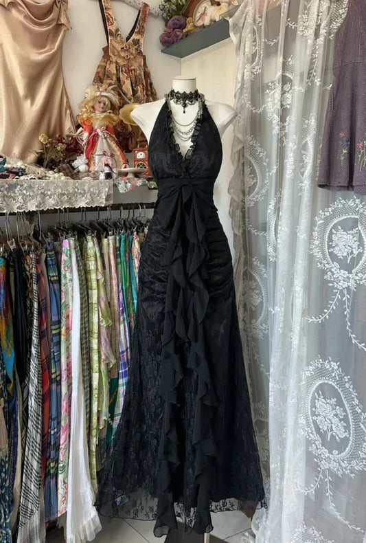 Enchanted Black A-Line  Ball Gown 💫Chiffon&Tulle Princess Halter  Open Back Design for Galas & Formal Events