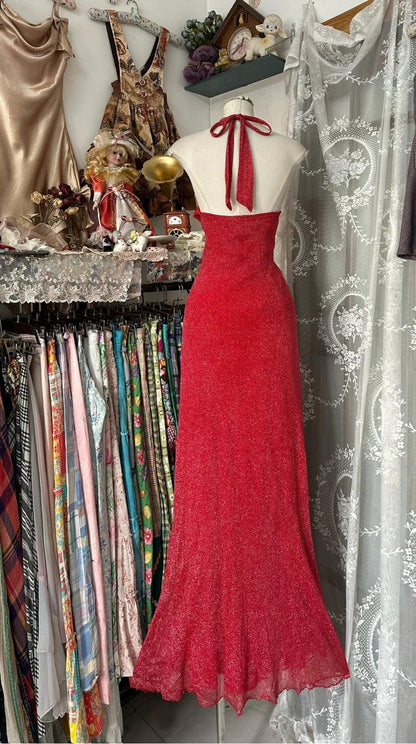 Enchanted Red A-Line Ball Gown 💫Chiffon Tulle Princess Halter &nbsp;Open Back Design for Galas Formal Events;