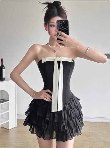 Sweet Black Tube Top Bowknot Herringbone Cake Skirt Homecoming Dress