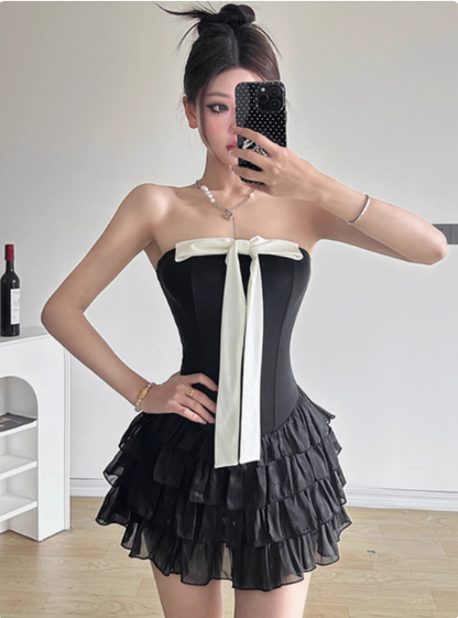 Sweet Black Tube Top Bowknot Herringbone Cake Skirt Homecoming Dress