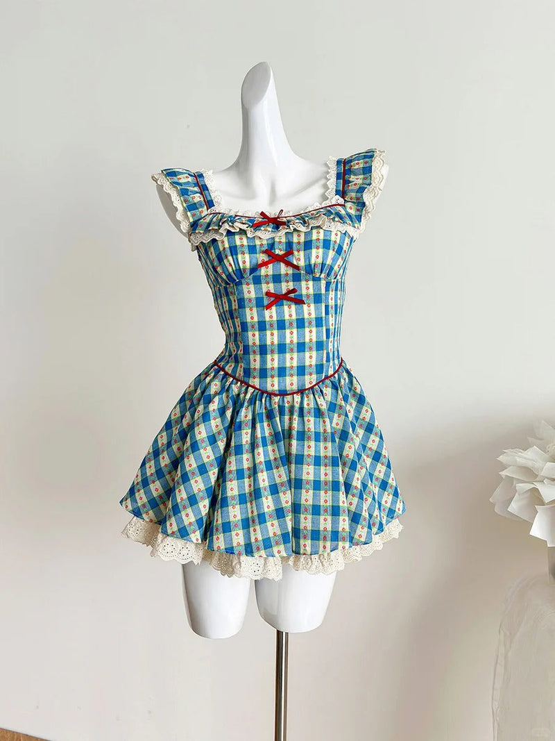 Sweet Blue and Yellow Plaid Waist Square Neck Short A-line 15th Birthday Homecoming Dress