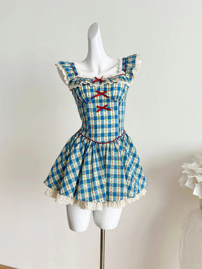 Sweet Blue and Yellow Plaid Waist Square Neck Short A-line 15th Birthday Homecoming Dress