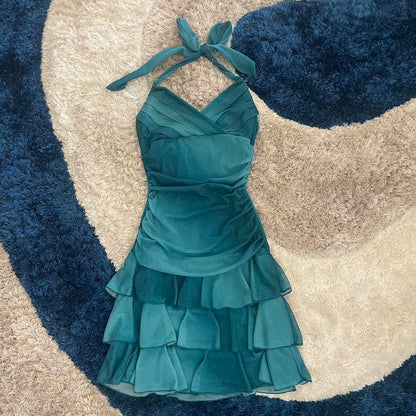 Sweet Glitter Halterneck V-neck Ruffled Mini 16th Birthday Homecoming Dress