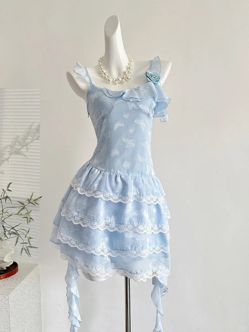Sweet Light Blue Cake Skirt Multi-layer Lace Chiffon Short 16th Birthday Homecoming Dress