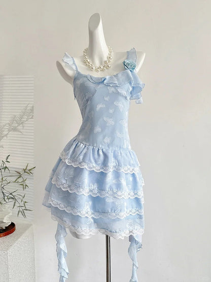 Sweet Light Blue Cake Skirt Multi-layer Lace Chiffon Short 16th Birthday Homecoming Dress