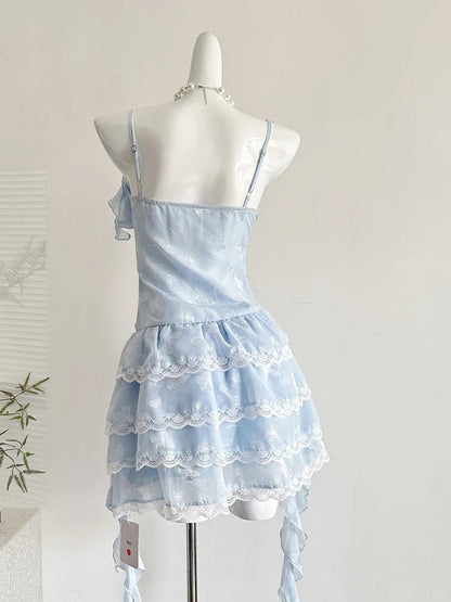 Sweet Light Blue Cake Skirt Multi-layer Lace Chiffon Short 16th Birthday Homecoming Dress