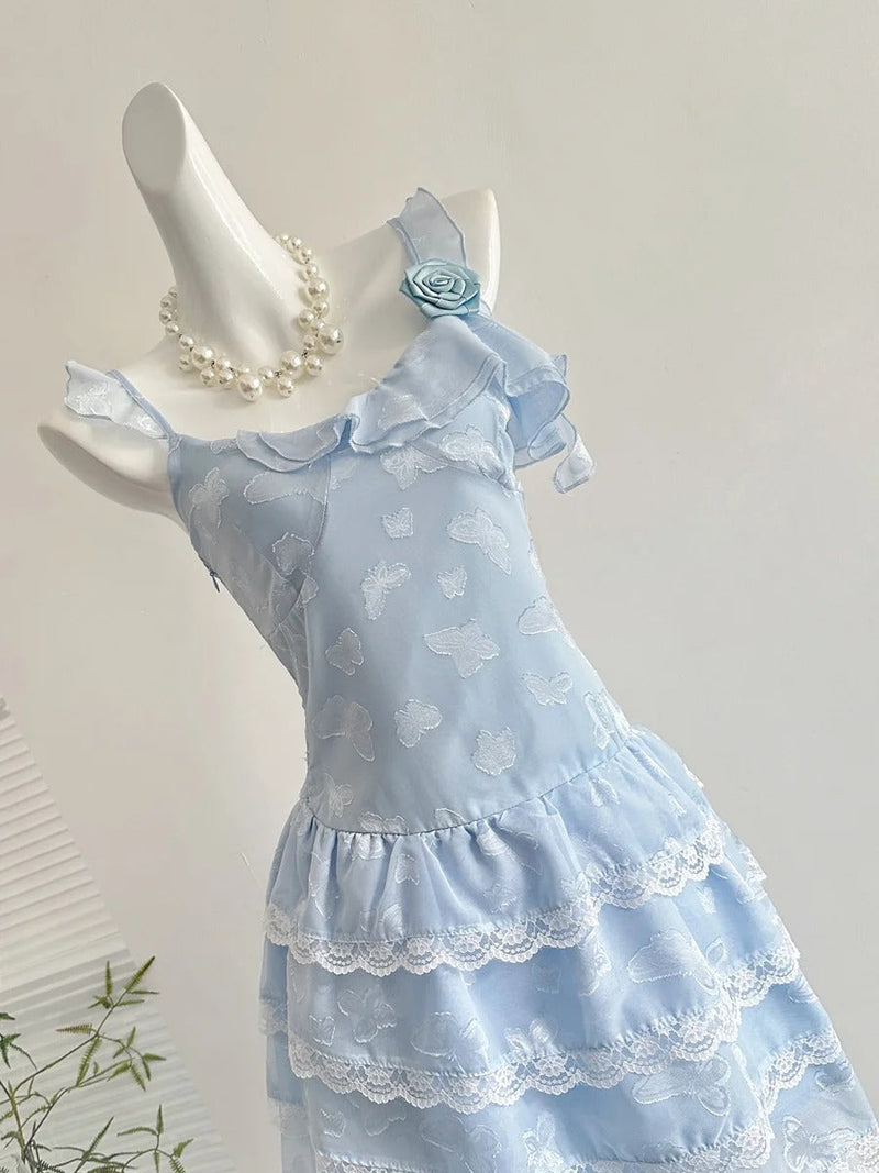 Sweet Light Blue Cake Skirt Multi-layer Lace Chiffon Short 16th Birthday Homecoming Dress