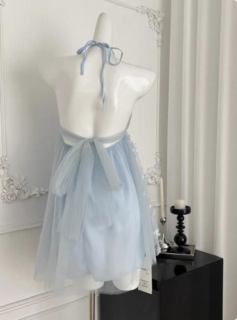 Sweet Light Blue Heavy Sequin Embroidery Three-dimensional Flower Halter Neck Mesh Birthday Short Skirt Homecoming Dress