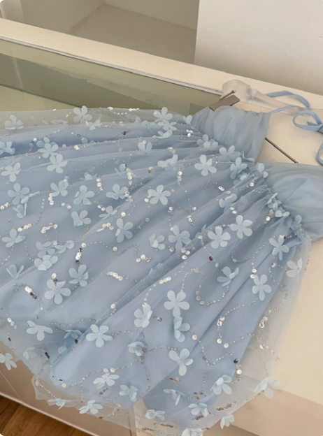 Sweet Light Blue Heavy Sequin Embroidery Three-dimensional Flower Halter Neck Mesh Birthday Short Skirt Homecoming Dress