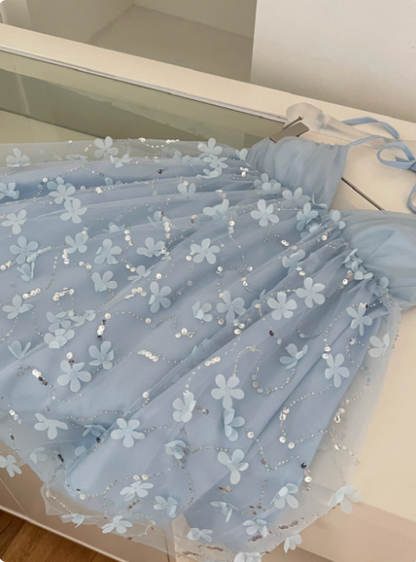 Sweet Light Blue Heavy Sequin Embroidery Three-dimensional Flower Halter Neck Mesh Birthday Short Skirt Homecoming Dress