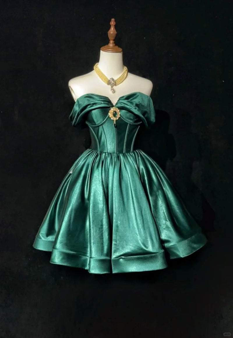 Sweet Off-the-shoulder A-Line Short Prom Dresses Satin Green Homecoming Dresses