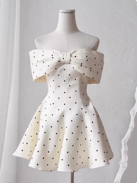 Sweet One-shoulder Bow Satin Polka Dot Puffy Birthday Skirt Homecoming Dress