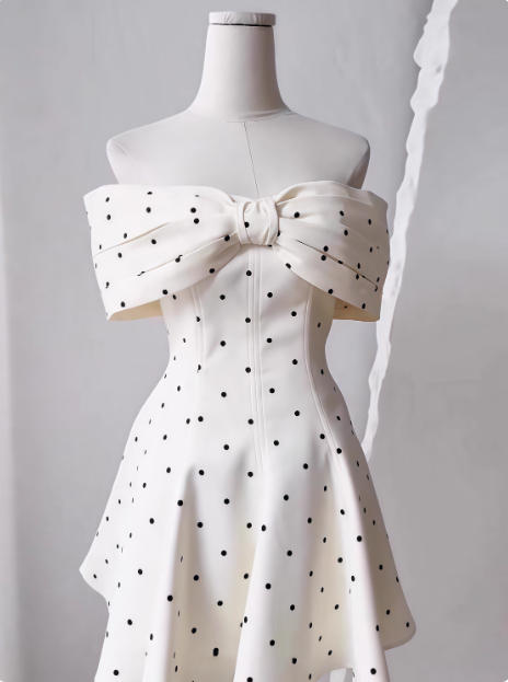 Sweet One-shoulder Bow Satin Polka Dot Puffy Birthday Skirt Homecoming Dress