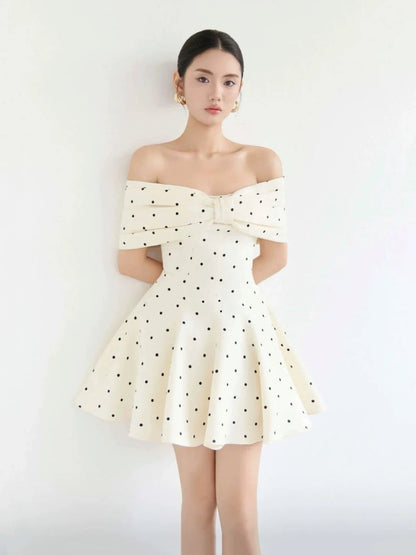 Sweet One-shoulder Bow Satin Polka Dot Puffy Birthday Skirt Homecoming Dress