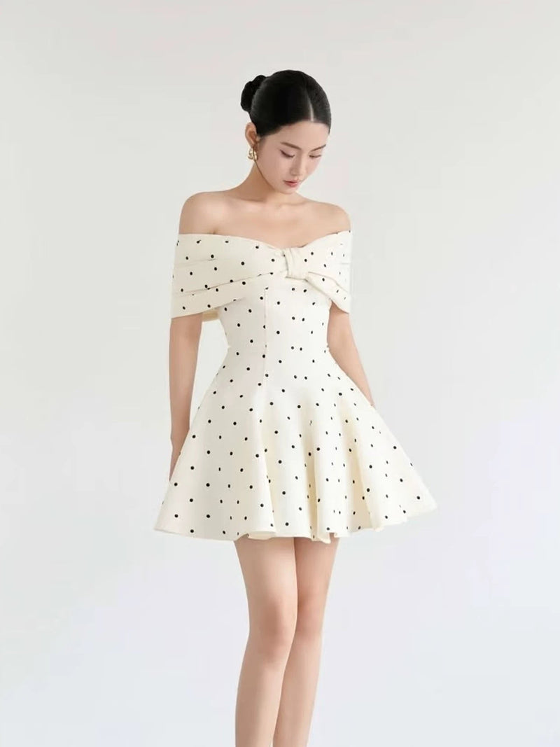Sweet One-shoulder Bow Satin Polka Dot Puffy Birthday Skirt Homecoming Dress