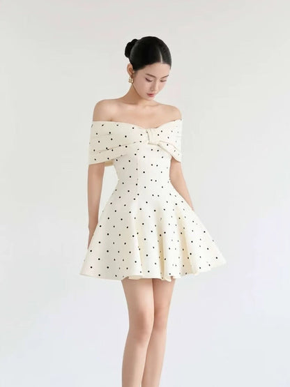 Sweet One-shoulder Bow Satin Polka Dot Puffy Birthday Skirt Homecoming Dress