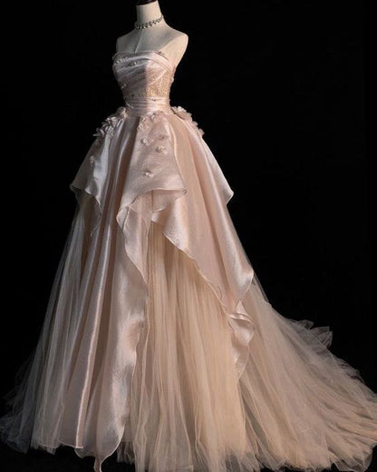 Sweet Pink A-line Tulle Satin Long Prom Dresses Strapless Applique Wedding Dresses