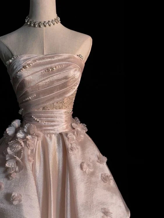 Sweet Pink A-line Tulle Satin Long Prom Dresses Strapless Applique Wedding Dresses