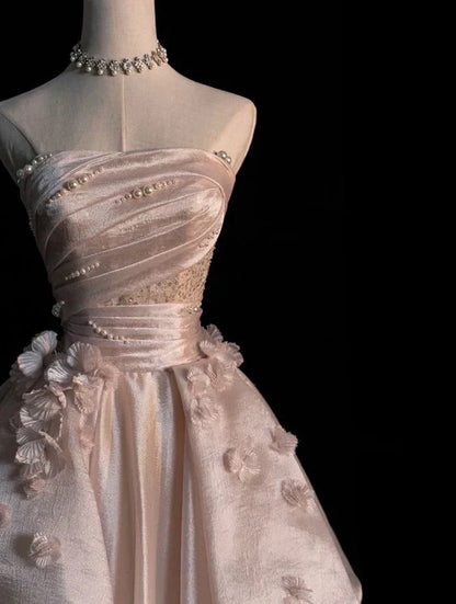 Sweet Pink A-line Tulle Satin Long Prom Dresses Strapless Applique Wedding Dresses