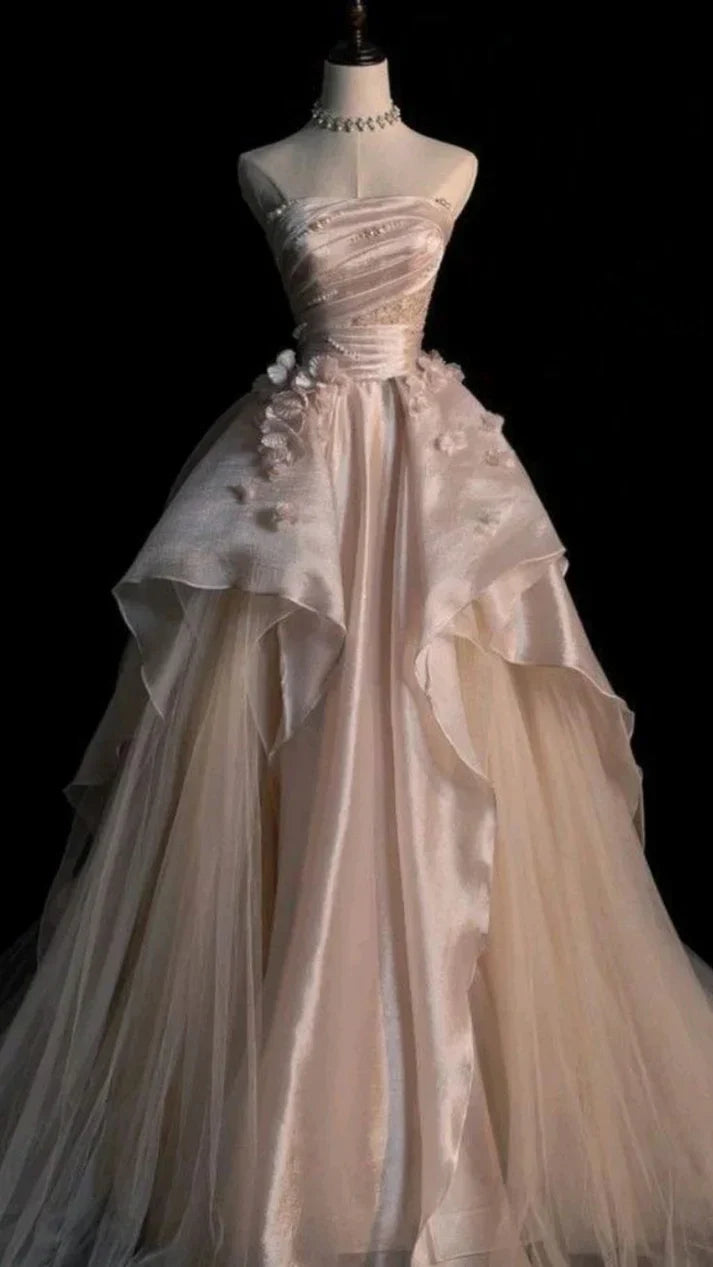 Sweet Pink A-line Tulle Satin Long Prom Dresses Strapless Applique Wedding Dresses
