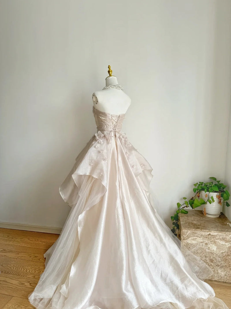 Sweet Pink A-line Tulle Satin Long Prom Dresses Strapless Applique Wedding Dresses