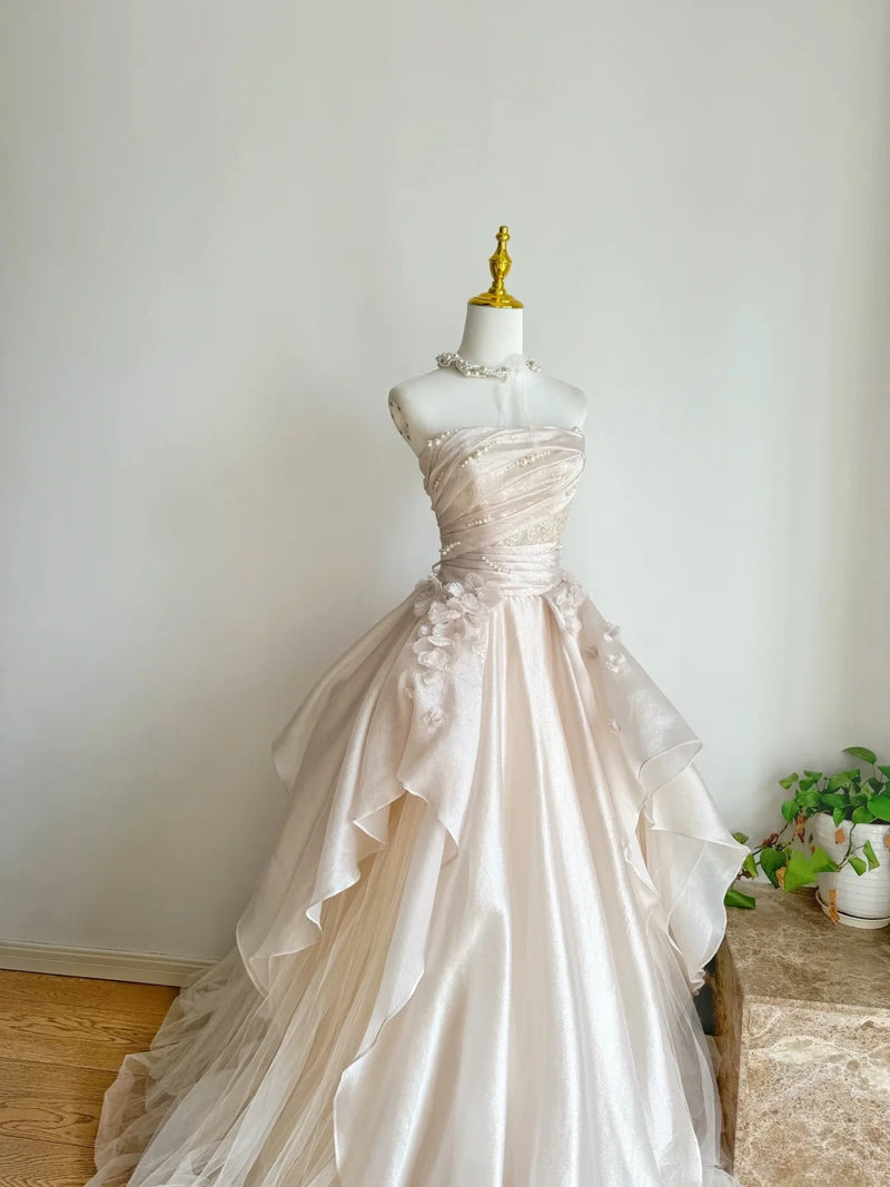 Sweet Pink A-line Tulle Satin Long Prom Dresses Strapless Applique Wedding Dresses