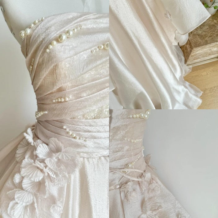 Sweet Pink A-line Tulle Satin Long Prom Dresses Strapless Applique Wedding Dresses