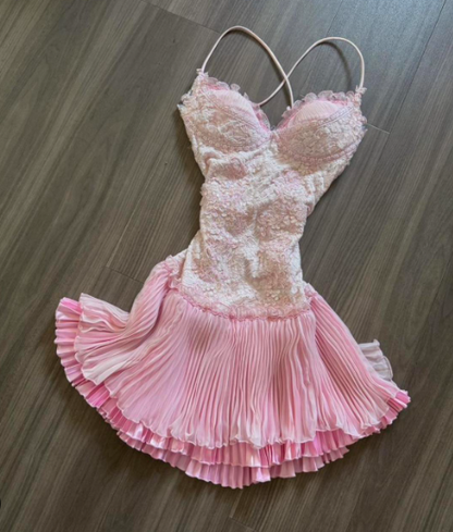 Sweet Pink Spaghetti Strap Chiffon Party Dresses Lace Applique Short Prom Dresses Homecoming Dress