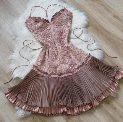 Sweet Pink Spaghetti Strap Chiffon Party Dresses Lace Applique Short Prom Dresses Homecoming Dress