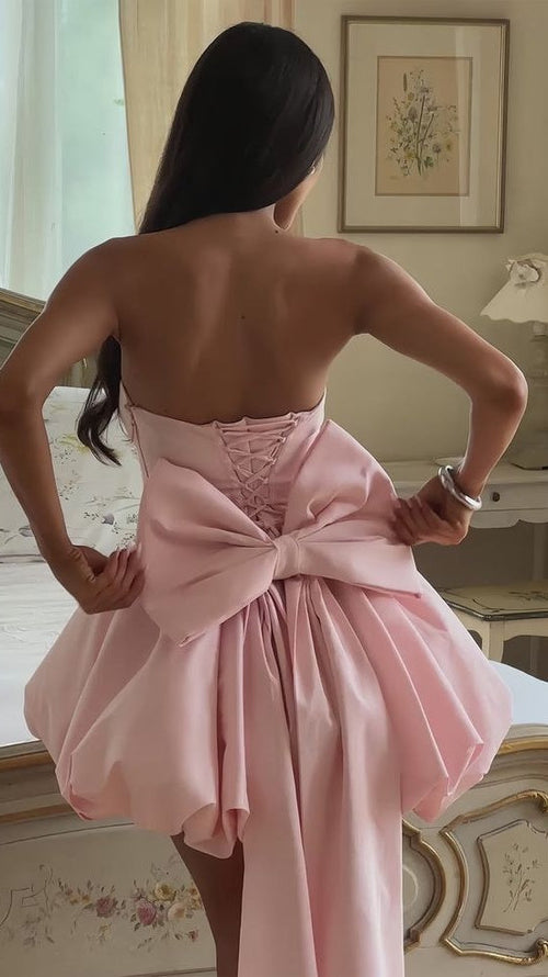Sweet Pink Strapless Homecoming Dresses Mini Party Dress With Bowknot,AST2196