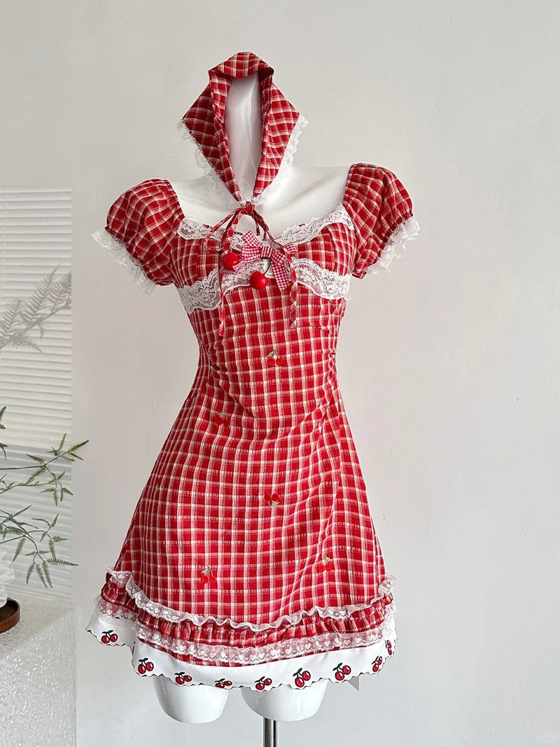 Sweet Retro Red And White Plaid Short-sleeved Waist A-line 15th Birthday Homecoming Dress