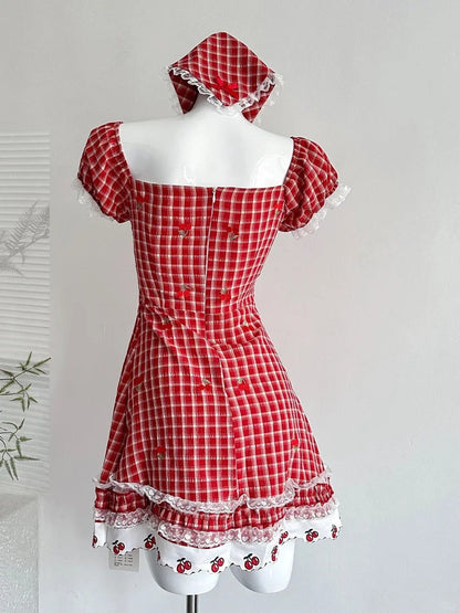 Sweet Retro Red And White Plaid Short-sleeved Waist A-line 15th Birthday Homecoming Dress