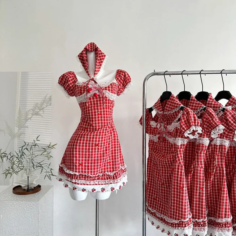 Sweet Retro Red And White Plaid Short-sleeved Waist A-line 15th Birthday Homecoming Dress