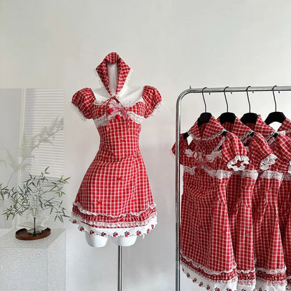 Sweet Retro Red And White Plaid Short-sleeved Waist A-line 15th Birthday Homecoming Dress