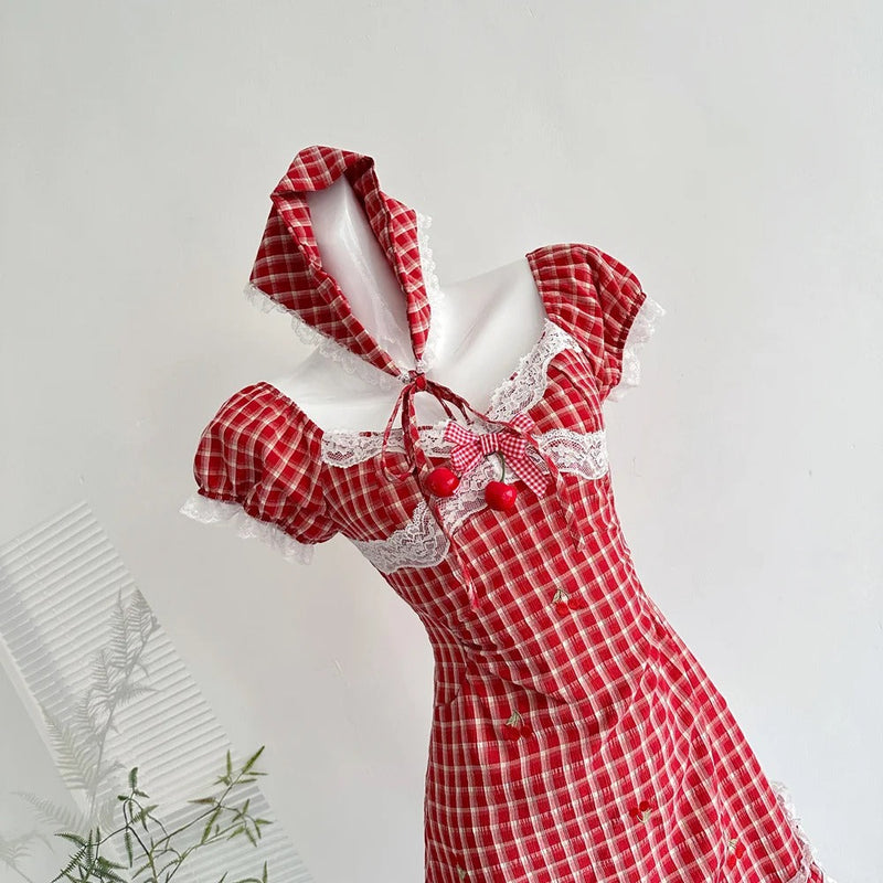 Sweet Retro Red And White Plaid Short-sleeved Waist A-line 15th Birthday Homecoming Dress